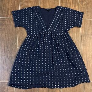 Madewell V-Neck Navy Dolman-Sleeve Mini Dress in Textured Dot
